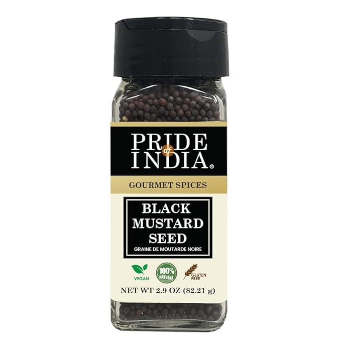 Pride of India – Black Mustard Seed – Gourmet & Vegan Indian Spice – Pungent/Spicy Flavor – Dry Seasoning - Gluten & GMO Free – Easy to Use – 3oz. Small Dual Sifter Bottle
