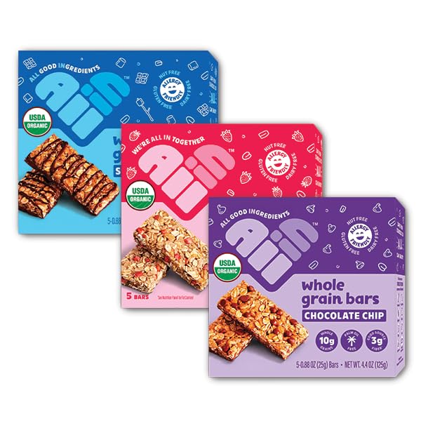 All In Snack Bars Allergen Friendly Variety Pack - S’Mores, Chocolate Chip, & Strawberry - Gluten Free - Organic - Non-GMO - Low Sugar - High Fiber - Kosher- Nut Free - Dairy Free (15 Pack)
