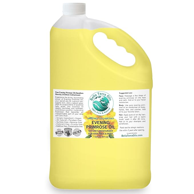 Bella Terra Oils Pure Evening Primrose Oil for Radiant Skin and Lustrous Hair – 1 gallon, Nutrient-Rich, Non-Greasy, Quick Absorb