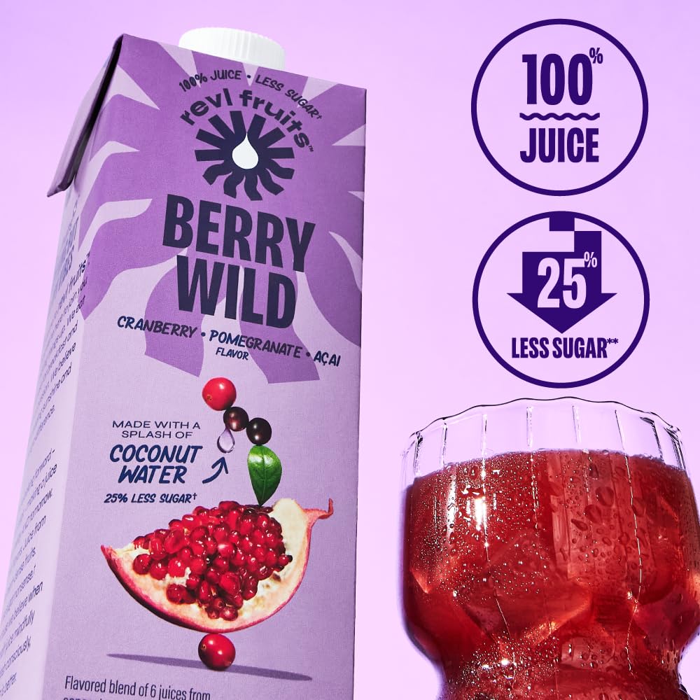 Revl Fruits™ 100% Juice, No Added Sugar, Cranberry Pomegranate Acai, Berry Wild, 32 fl oz. Carton (Pack of 6)