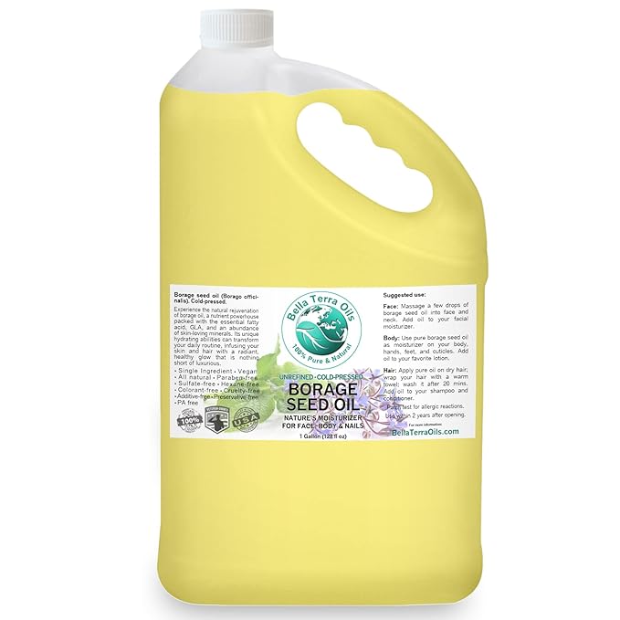 Bella Terra Oils Premium Borage Seed Oil with High GLA – 1 gallon, Luxurious Skin Radiance, Quick Absorption, Nourishing