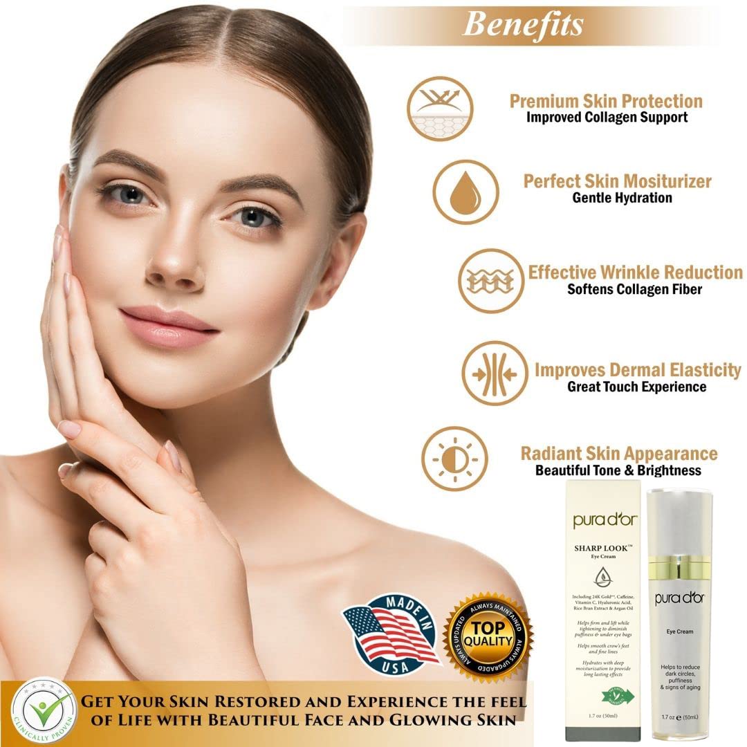 PURA D'OR Sharp Look Eye Cream (1.7oz) Youth-Enhancing Eye Cream For Firm Lift and Reduced Appearance of Wrinkles and Fine Lines, Puffiness and Under Eye Bags With 24K Gold