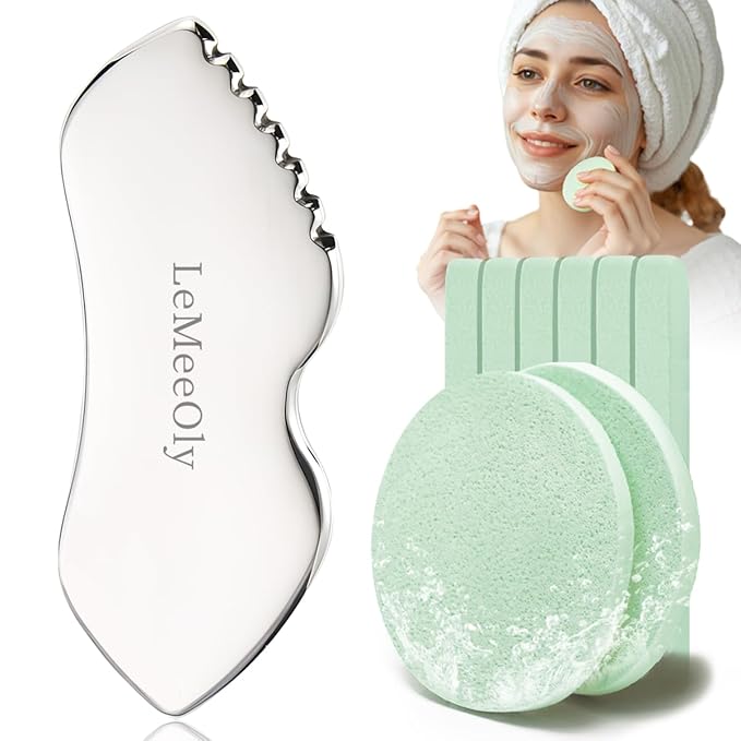 Gua Sha Facial Tools Stainless Steel & Compressed Facial Sponges, Detail Metal GuaSha and Natural Spa Sponges for Facial Cleansing Skin Care,Guasha Stone Face Sculpting Tool for Tighten Skin Daliy Use