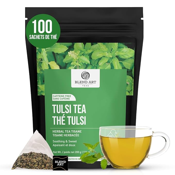 Tulsi Holy Basil Tea Bags 100 Count For Cognitive Balance & Overall Health Ayurvedic Tulsi With Antioxidants Caffeine Free Holy Basil Leaves Pyramid Herbal Tea Bags Support Digestion & Boost Immunity