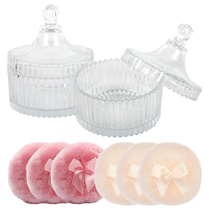 6 Pcs Large Body Powder Puff and Containers, Washable Dusting Powder Container with Puffs Reusable Powder Puff with Case for Women Powder Container Wet and Dry Makeup, 2 container + 6 Puffs