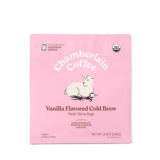 Chamberlain Coffee Fluffy Lamb Vanilla XL Cold Brew Bags - Premeasured, Ready to Brew Coffee Packs - Contains 4 XL Cold Brew Bags, Makes 4 Cups of Coffee Per Bag
