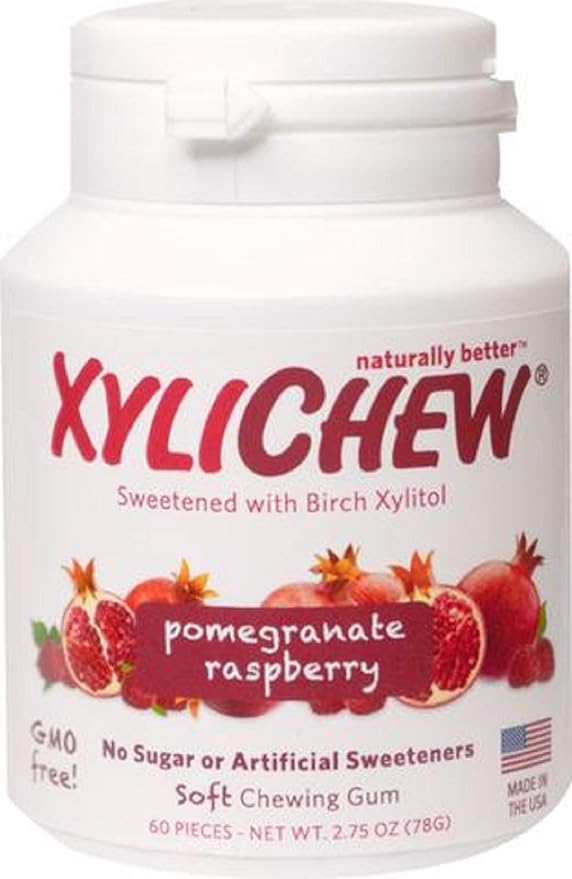 Xylichew 100% Xylitol Chewing Gum - Non GMO, Non Aspartame, Gluten Free, and Sugar Free Gum - Natural Oral Care, Relieves Bad Breath and Dry Mouth - Pomegranate Raspberry, 60 Count