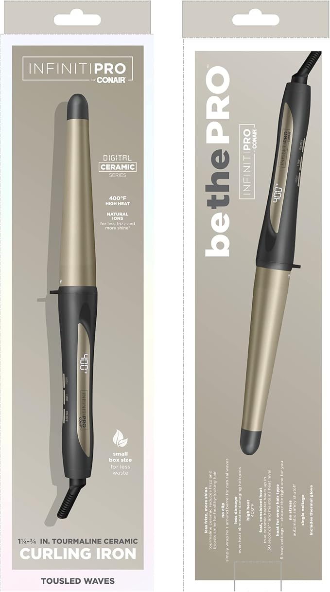 INFINITIPRO BY CONAIR Tourmaline Ceramic 1 1/4 Inch to 3/4 Inch Curling Wand, Tapered wand produces beachy waves