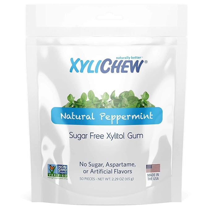 Xylichew 100% Xylitol Chewing Gum - Non GMO, Non Aspartame, Gluten Free, and Sugar Free Gum - Natural Oral Care, Relieves Bad Breath and Dry Mouth - Peppermint, 50 Count