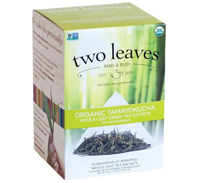 Two Leaves and a Bud Organic Tamayokucha Tea Bags, Whole Leaf Tea in Compostable Sachets, Green Japanese Tea, Light Flavor, 15 Count (Pack of 1)