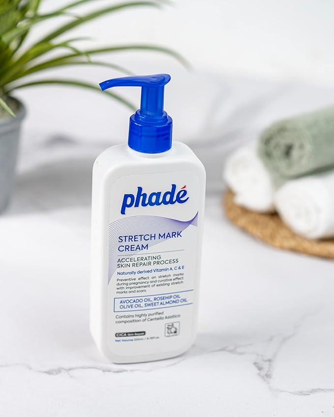 Phade Stretch Mark Cream with CICA - 200ml | Pregnancy, Scars, Uneven Skin Tone, Aging | Dermatologist Tested, Clinically Proven Formula for Stretch Marks, Hydration, and Skin Repair