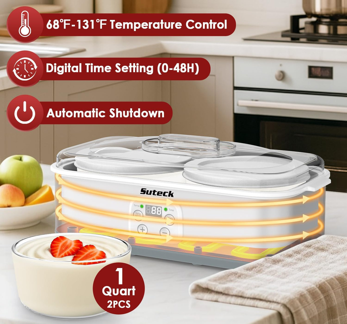 Suteck Yogurt Maker - Stainless Steel Yogurt Makers with Adjustable Time & Temp Control,Automatic Shut-Off & Constant Temper for Homemade Greek, Probiotic Yogurt, BPA-Free 2 Yogurt Bowls (2 Quart)