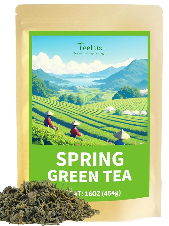TeeLux Green Tea Loose leaf, Premium Early Spring Green Tea, Fresh & Mellow Taste, Handpicked Young Leaves & Buds, 16oz