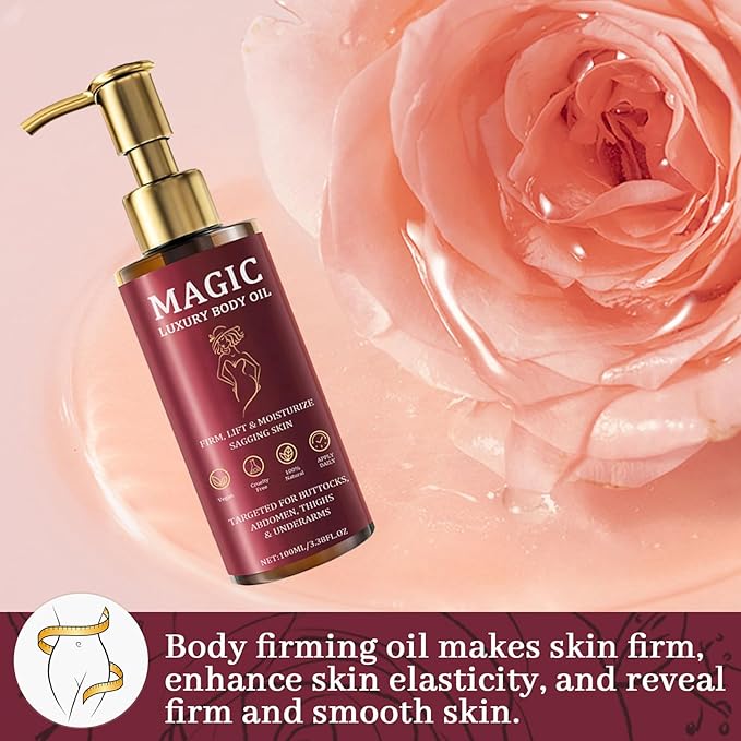 Magic Body Firming Oil, Luxury Body Oil for Crepe Skin, Tightening & Hydrating Body Oil After Shower with Vitamin E and Rosehip, Non-Greasy Body Serum Oil for Thighs, Arms, Chest, 100ML / 3.38 Fl Oz