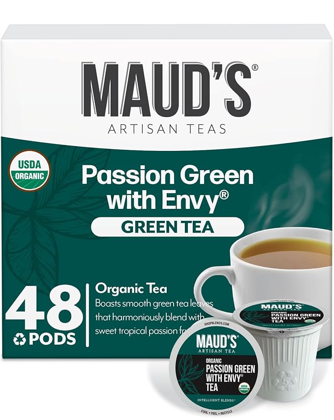 Maud's Organic Passion Green Tea Pods, 48 ct, Recyclable Single Serve Tea Pods – 100% Gourmet Blended Tea Leaves, Compatible with Keurig K Cups Maker