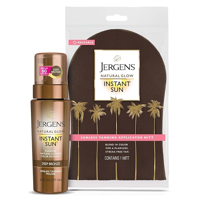 Jergens Natural Glow Instant Sun Bundle: Deep Bronze Sunless Tanning Mousse, 6oz Bottle and Applicator Mitt