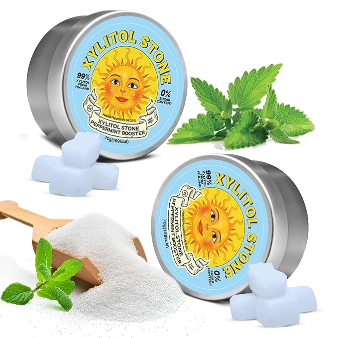 Xylitol Stone Sugar Free Candy - Vegan & Keto Friendly Unique Hard Candy - 100% Natural Flavor Candies - Gluten Free & Non-GMO Breath Freshener Low Calorie Mints - Peppermint Booster (Pack of 2)