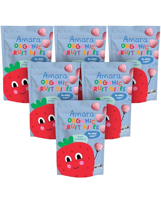 Amara Organic Fruit Bites Sweet Strawberry - No Added Sugar, Dairy-Free, Nut-Free Organic Fruit Snacks, Made with Organic Whole Foods, Allergy-Friendly Healthy Fruit Snacks for Kids - 21g 6PK