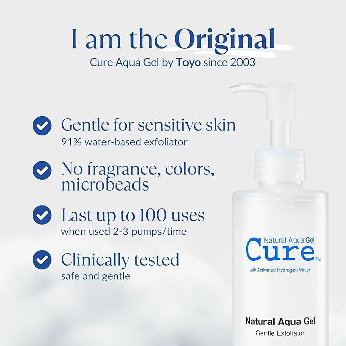 Cure by Toyo | Aqua Gel Gentle Exfoliator | Clear and Softer Skin | Non-Abrasive Face and Body Cleanser | Sensitive Skin | Big Size 8.82oz