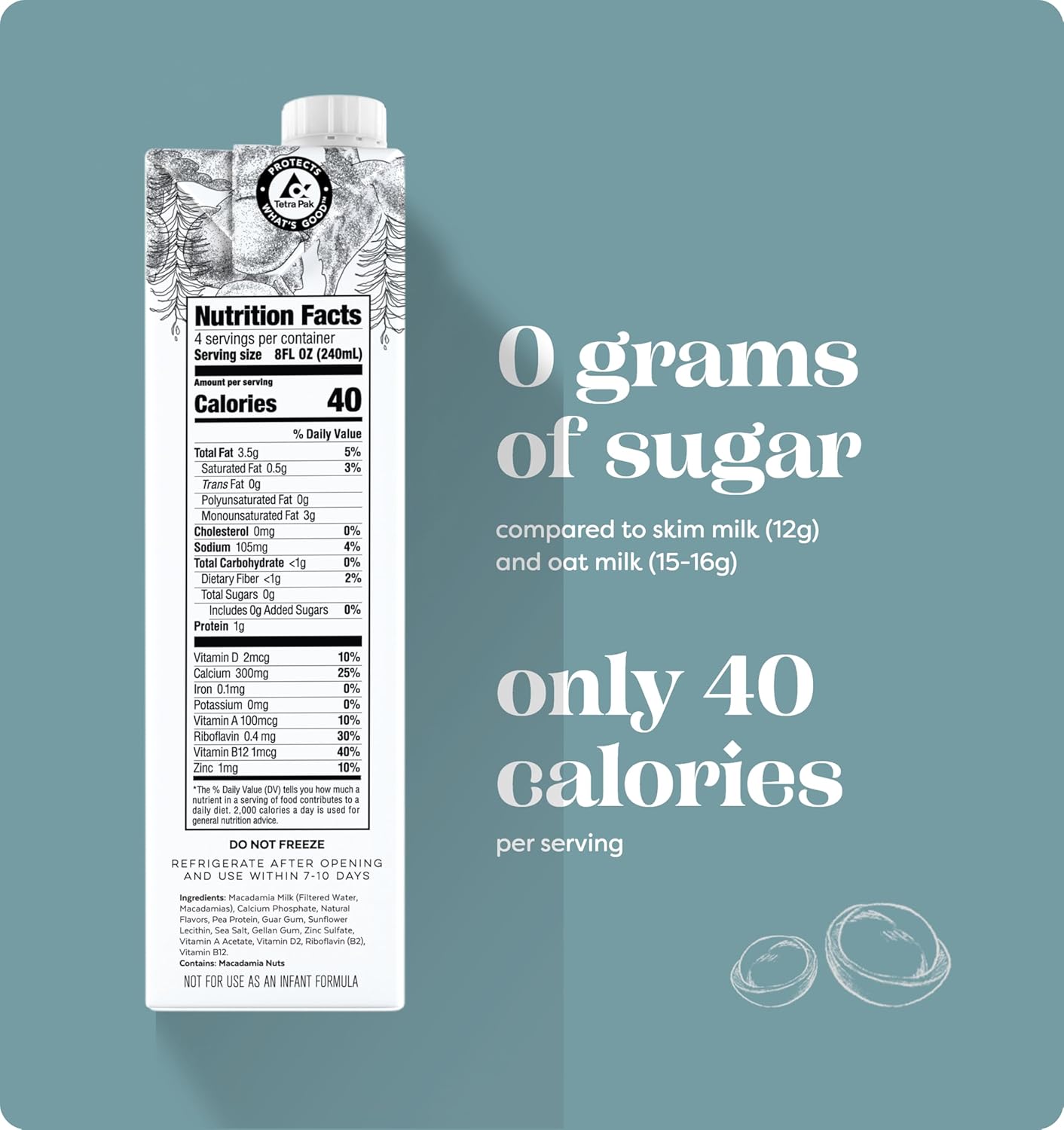 milkadamia Macadamia Milk - Unsweetened - 32 Fl Oz (Pack of 6) - Lactose Free, Vegan, Shelf Stable, Plant Based, Non Dairy, Dairy Free