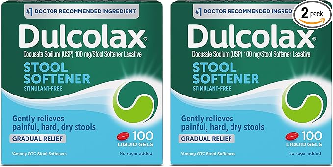 Dulcolax Stool Softener Laxative Liquid Gel Capsules, Gentle Constipation Relief for Hard, Dry Stools, Docusate Sodium 100 mg, 100 Count, 2 pk