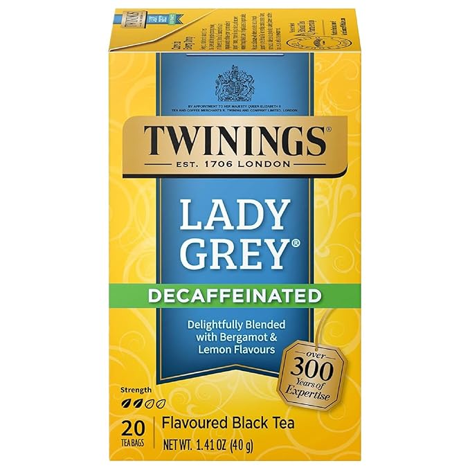Twinings Decaffeinated Lady Grey Black Tea Individually Wrapped Bags, 20 Count (Pack of 1), Orange Peel & Lemon Peel, Enjoy Hot or Iced, 20 Teabags