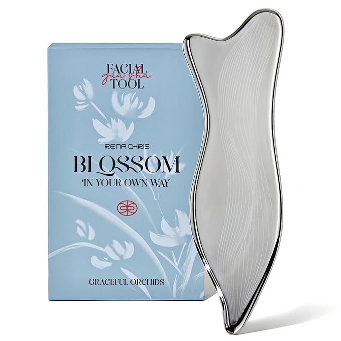 Rena Chris Stainless Steel Gua Sha Facial Tools - Acupressure & Gua Sha for Face Massage, Jawline Sculpting, Puffiness Reduction. Includes Carry Pouch and Cleaning Cloth - Skin Care Gift, Silver
