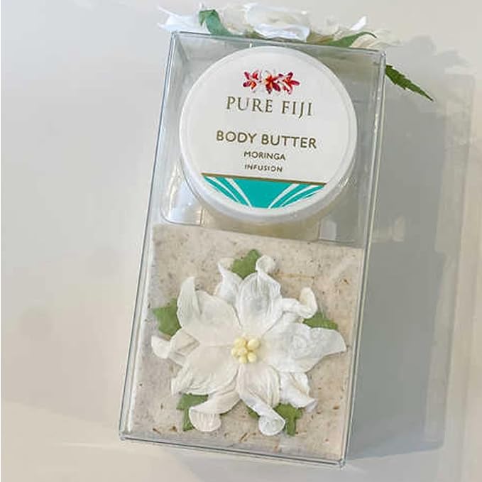 Pure Fiji Spa Gifts for Women and Man - Body Gift Box Sugar Glow with Exfoliating Scrub, Bath and Body Oil, Body Butter and Body Lotion, Shower Set, Moringa