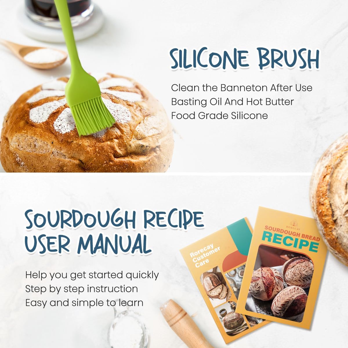 RORECAY Bread Banneton Proofing Basket Set, 9 Inch Round & 10 Inch Oval Cane Sourdough Baskets with Dough Whisk Lame Dough Scraper Bowl Scraper Silicone Brush Sourdough Bread Baking Supplies