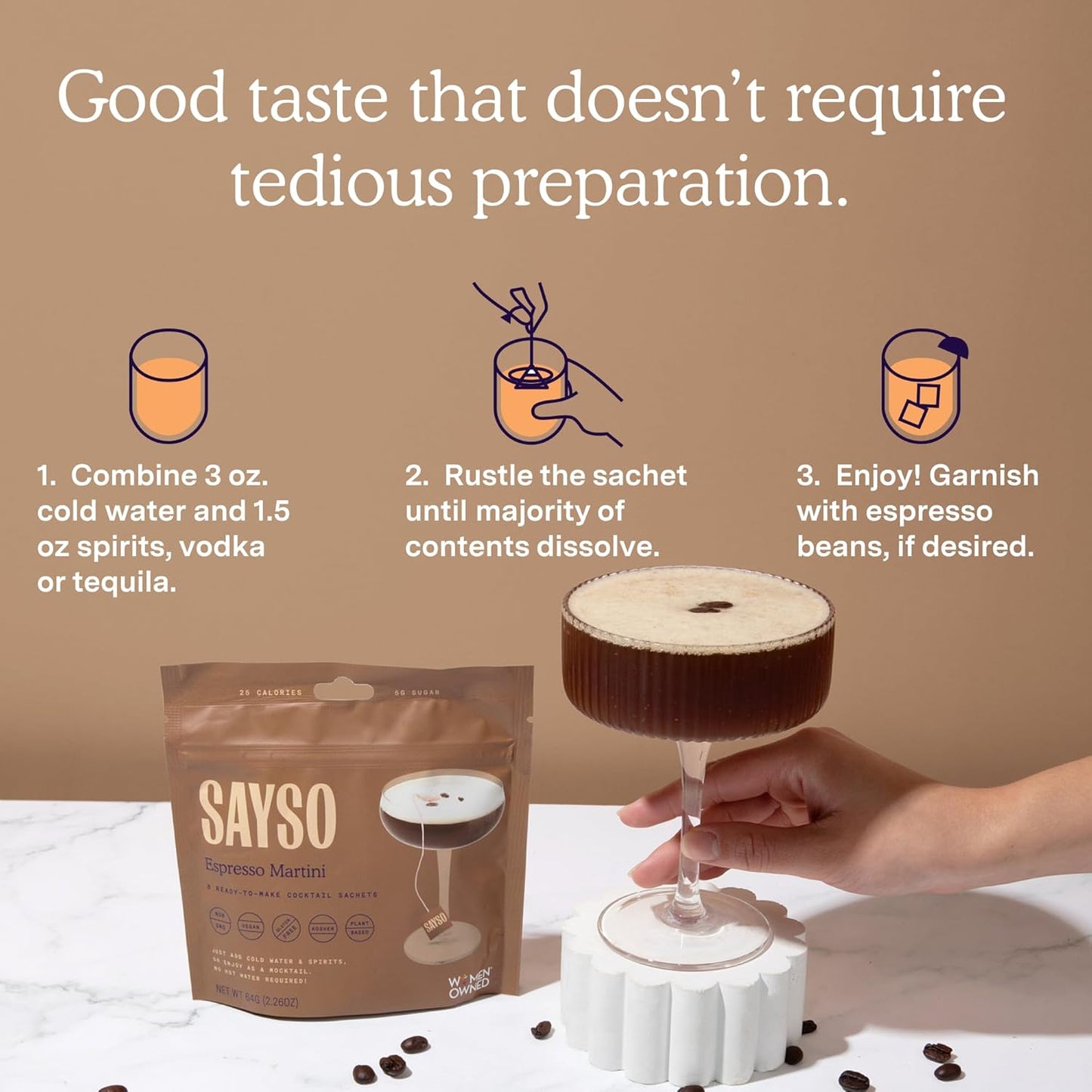 SAYSO: Espresso Martini Instant Cocktail Tea Bags | Infuses with Cold Water & Spirits for a Premium Craft Cocktail or Mocktail (25 Calories, 5g Sugar), 8-Pack