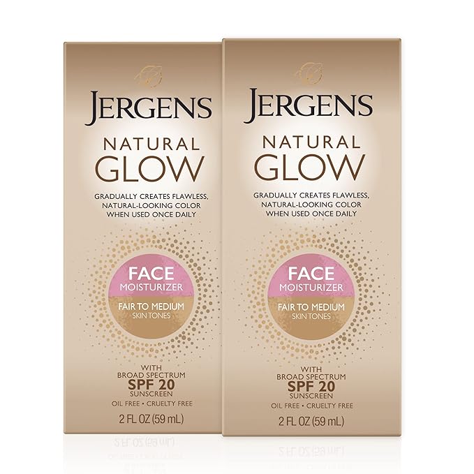 Jergens Natural Glow Face Self Tanner Lotion SPF 20, Sunless Tanning, Fair to Medium Skin Tone, Daily Facial Sunscreen, Oil-Free, Broad Spectrum UVA and UVB Protection, 2 Oz, Pack of 2
