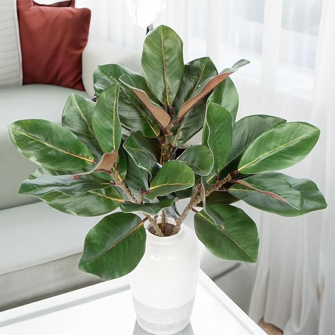 Briful Faux Magnolia Branches 22 Inches Artificial Leaves Stems Faux Greenery for Home Bathroom Table Vase Farmhouse Decor (Dark Green - Pack of 3)