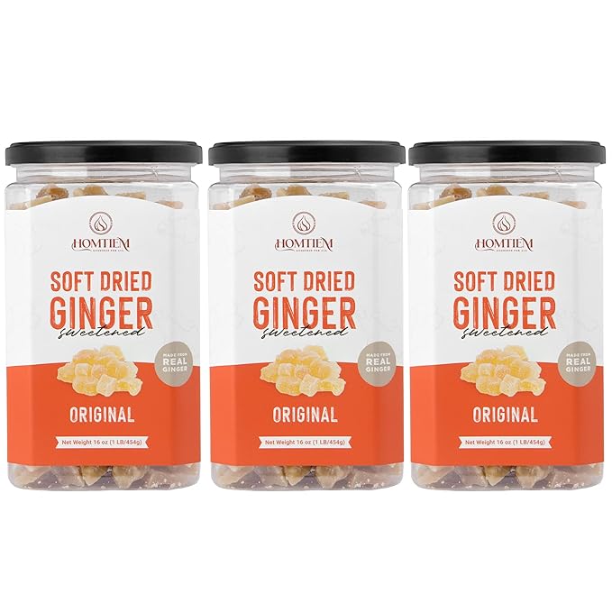 Homtiem Dried Crystallized Ginger 3lb (16 Ounce pack 3) Real Soft, Chews and Candied Delicious pieces Gingers, Easy to eat, keep and use, No Artificial Colors, All-Natural and Preservative-Free