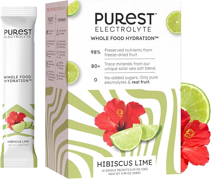 Purest Electrolyte Hibiscus Lime Powder Packets – Whole Food Hydration - Organic Freeze-Dried Fruits and Solar Sea Salts for Ultimate Electrolyte Balance