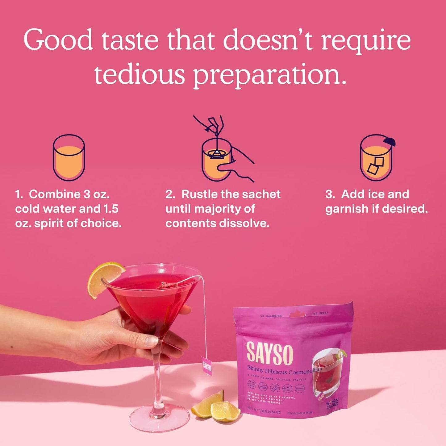 SAYSO: Skinny Hibiscus Cosmo Craft Cocktail Tea Bag | Enjoy an Instant Cosmopolitan or Mocktail in Under 1 Min, <1G Sugar, 10 Calories, Vegan, Kosher, Non-GMO, 8 Count