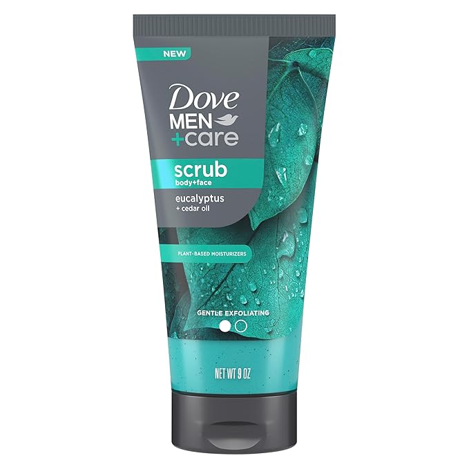 DOVE MEN + CARE Body and Face Scrub Eucalyptus Deeply Exfoliates for Hydrated & Nourished Skin 100% Gentle Cleanser, No Sulfate Cleansers or Parabens 9 oz