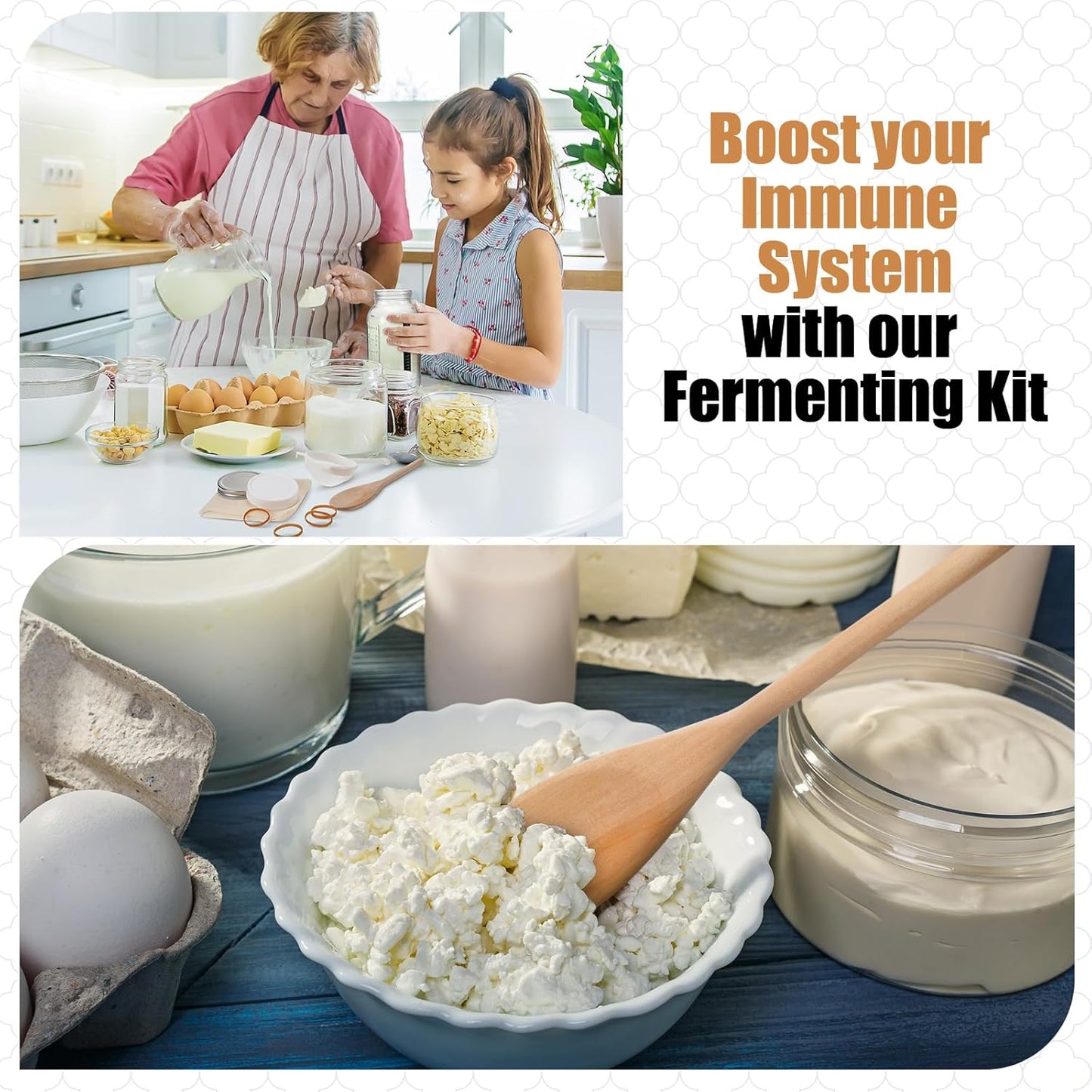 Honeydak 8 Pcs Complete Kefir Starter Kit Kombucha Fermenter Kit Half Gallon 64oz Mason Jar Wide Mouth with Plastic Storage Lid Nylon Mesh Strainer Cotton Cloth Cover and Wood Spoon