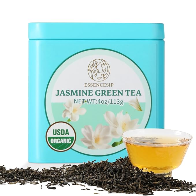 Essencesip Organic Jasmine Green Tea Loose Leaf, 4oz Tin – Scented 5x with 6,000 Fresh Jasmine Blossoms, Low Caffeine, Antioxidant-Rich