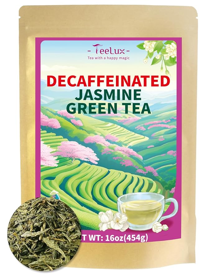 TeeLux Decaf Jasmine Green Tea, Decaffeinated Jasmine Scented Green Tea Loose leaf, Pleasant Aroma & Smooth Taste, 16oz