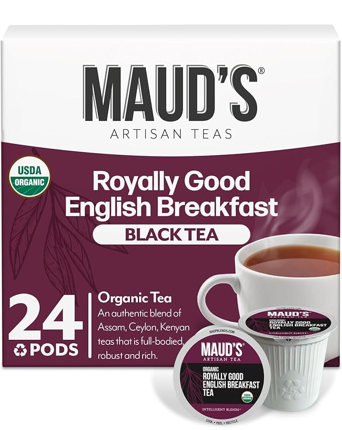 Maud's Organic English Breakfast Black Tea Pods, 24 ct, Recyclable Single Serve Pods – 100% Gourmet Blended Tea Leaves, Compatible with Keurig K Cups Maker