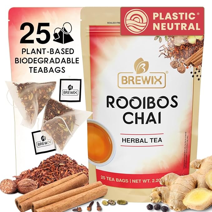 BREWIX, Rooibos Chai Tea Bags (25 Pyramid Tea Bags) Caffeine-Free, Herbal Tea, South African Red Tea | Rooibos, Cardamom, Cinnamon, Black Pepper, Nutmeg, Ginger & Clove