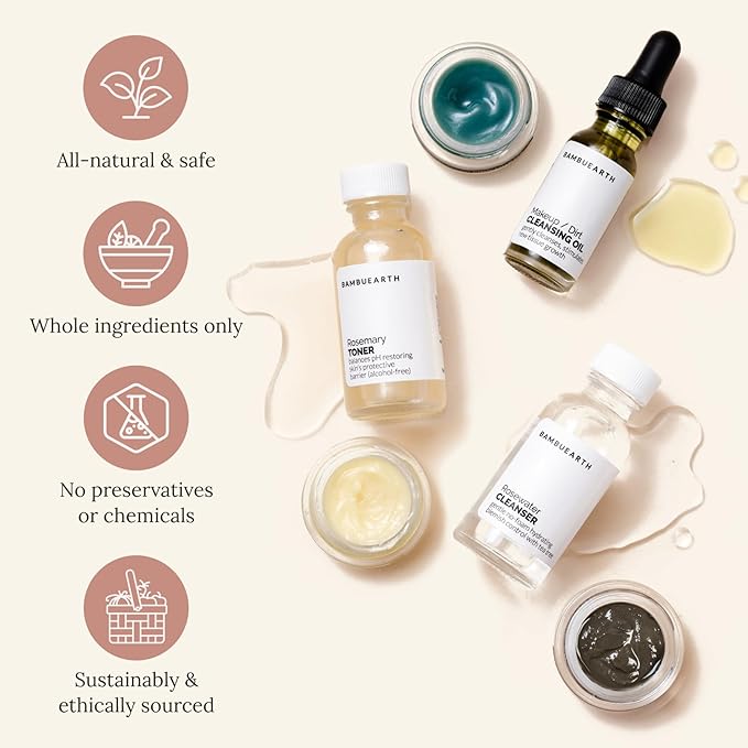 Bambu Earth Natural Skincare Starter Kit, 6 pieces - Organic Ingredients - Includes Dead Sea Mud Mask, Facial Cleansing Oil, Toner, Rosewater Cleanser, Moisturizers for Healthy Glowing Skin