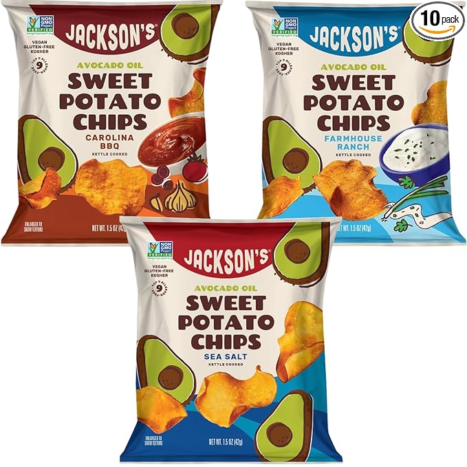 Jackson’s Sweet Potato Kettle Chips Avocado Oil Variety Pack made with Premium Oils (1.5 oz, Pack of 10) Sea Salt, Ranch and BBQ Flavors - Allergen-friendly, Gluten Free, Vegan