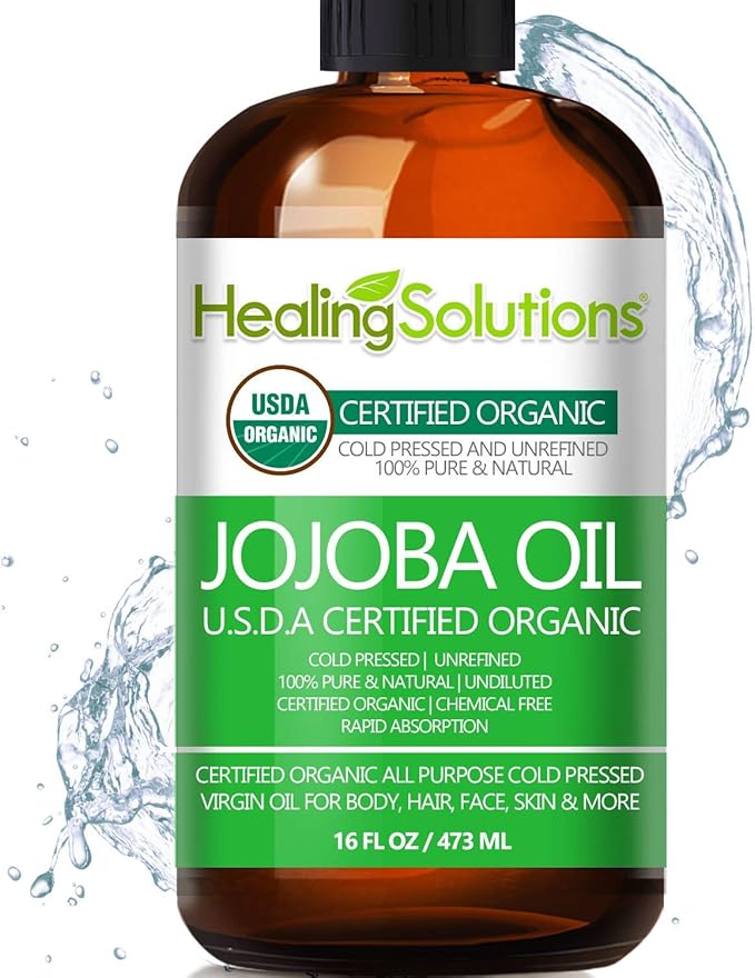 Healing Solutions Oils Organic Jojoba Oil 16 oz Pure Cold Pressed 100% Natural Serum for Hair, Skin, Face, Body, Scalp, Cuticle & Nail, Unrefined Moisturizing & Acne Fighter Treatment 473 ml