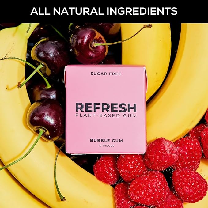 Refresh Gum, Xylitol, Sugar Free, Natural, Aspartame Free, Natural Flavors & Organic Ingredients, Plant-Based, Plastic Free, Non GMO, Gluten Free, Vegan, Bubble Gum Flavor, 12 Pcs, 12 Pack
