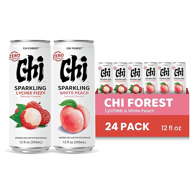 CHI FOREST Sparkling Water Beverage, Lychee & White Peach, 2 Flavors, Zero Sugar, 12 fl oz Cans (Pack of 24)