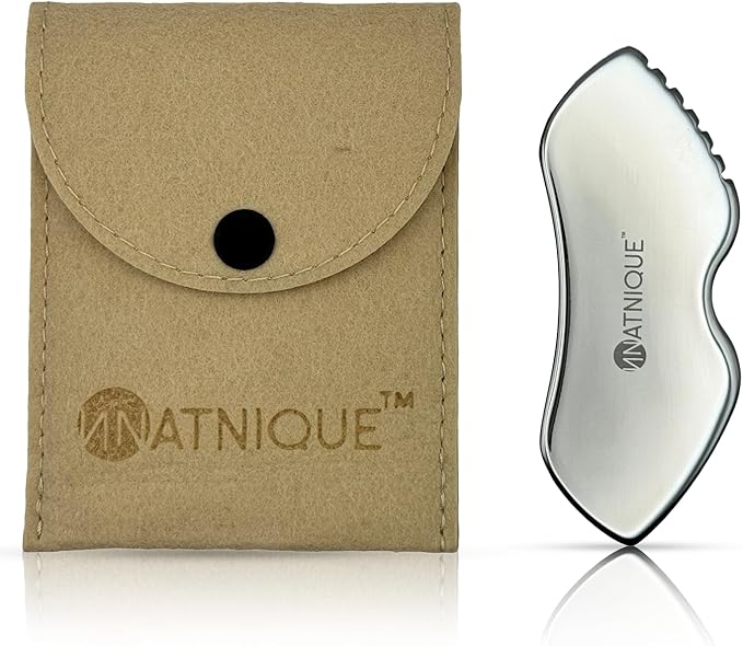 Stainless Steel Gua Sha Tool – Metal Face & Body Massage Scraper for Lymphatic Drainage, Puffiness, Wrinkles, Dark Circles & Anti-Aging – Board Shape with Travel Pouch