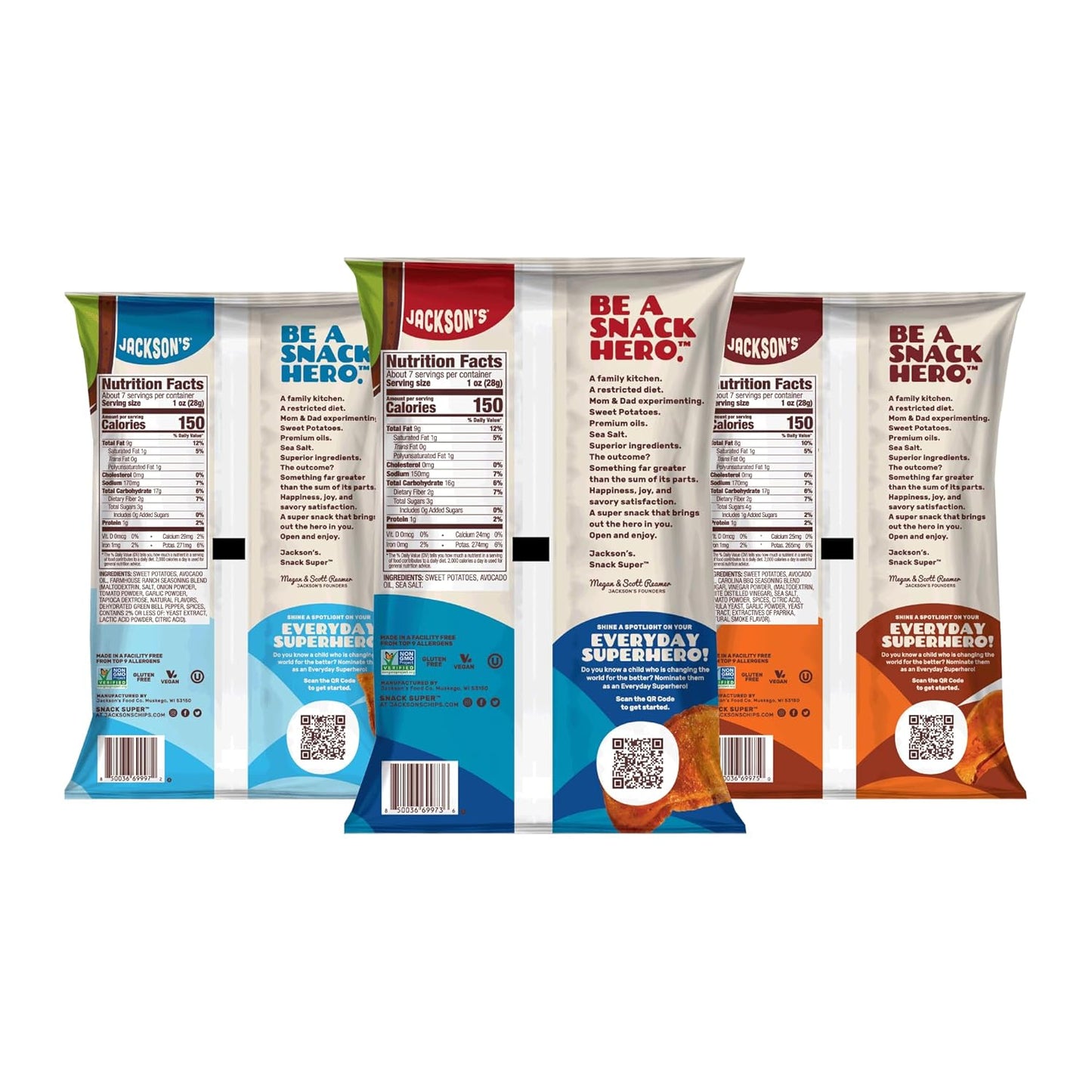 Jackson’s Sweet Potato Kettle Chips Avocado Oil Variety Pack made with Premium Oils (7oz, Pack of 6) Sea Salt, Ranch and BBQ Flavors - Allergen-friendly, Gluten Free, Vegan