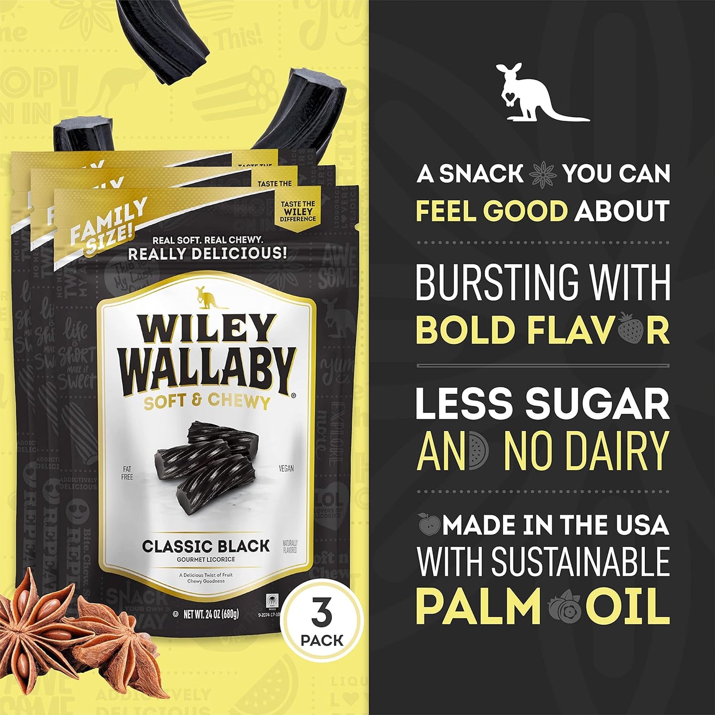 Wiley Wallaby Licorice 24 Ounce Classic Gourmet Soft & Chewy Australian Black Licorice Candy Twists, 1 Pack