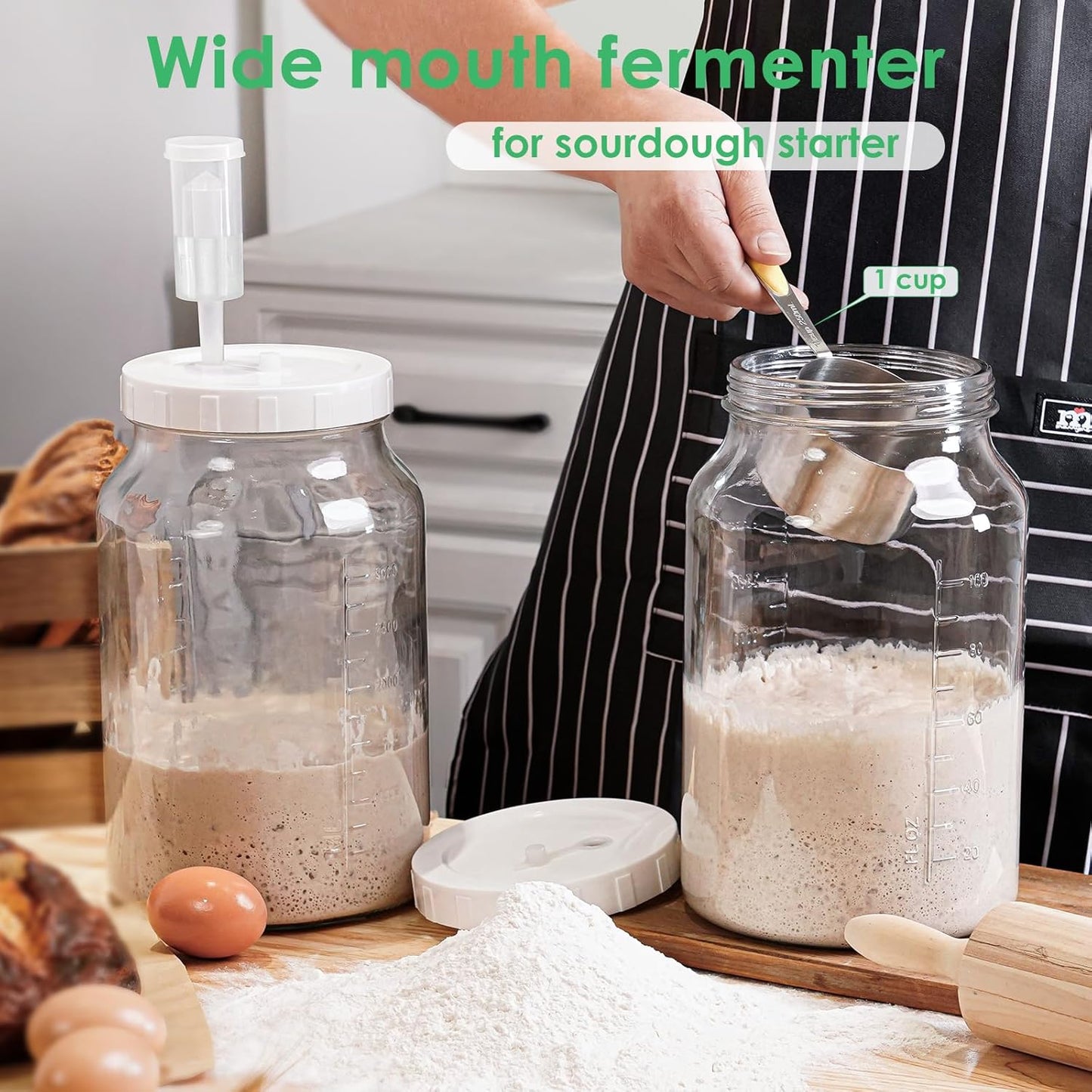 2 Pack 1 Gallon Large Fermentation Jars with 3 Airlocks and 2 SCREW Lids(100% Airtight Heavy Duty Lid w Silicone) - Wide Mouth Glass Jars w Scale Mark - Pickle Jars for Sauerkraut, Sourdough Starter